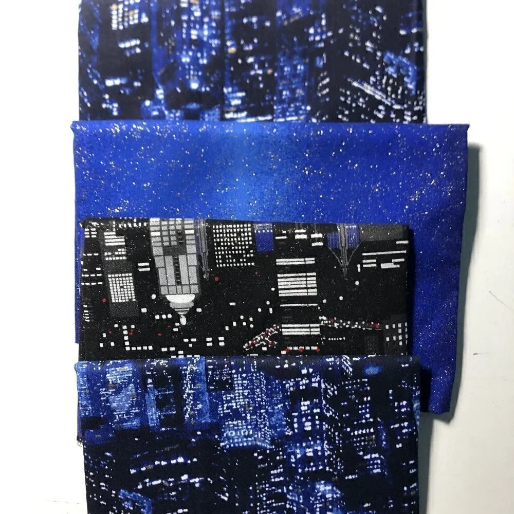 Quilt Cotton Fabric Material - 4 Fat Quarters Cityscape Night Sky Blue #38